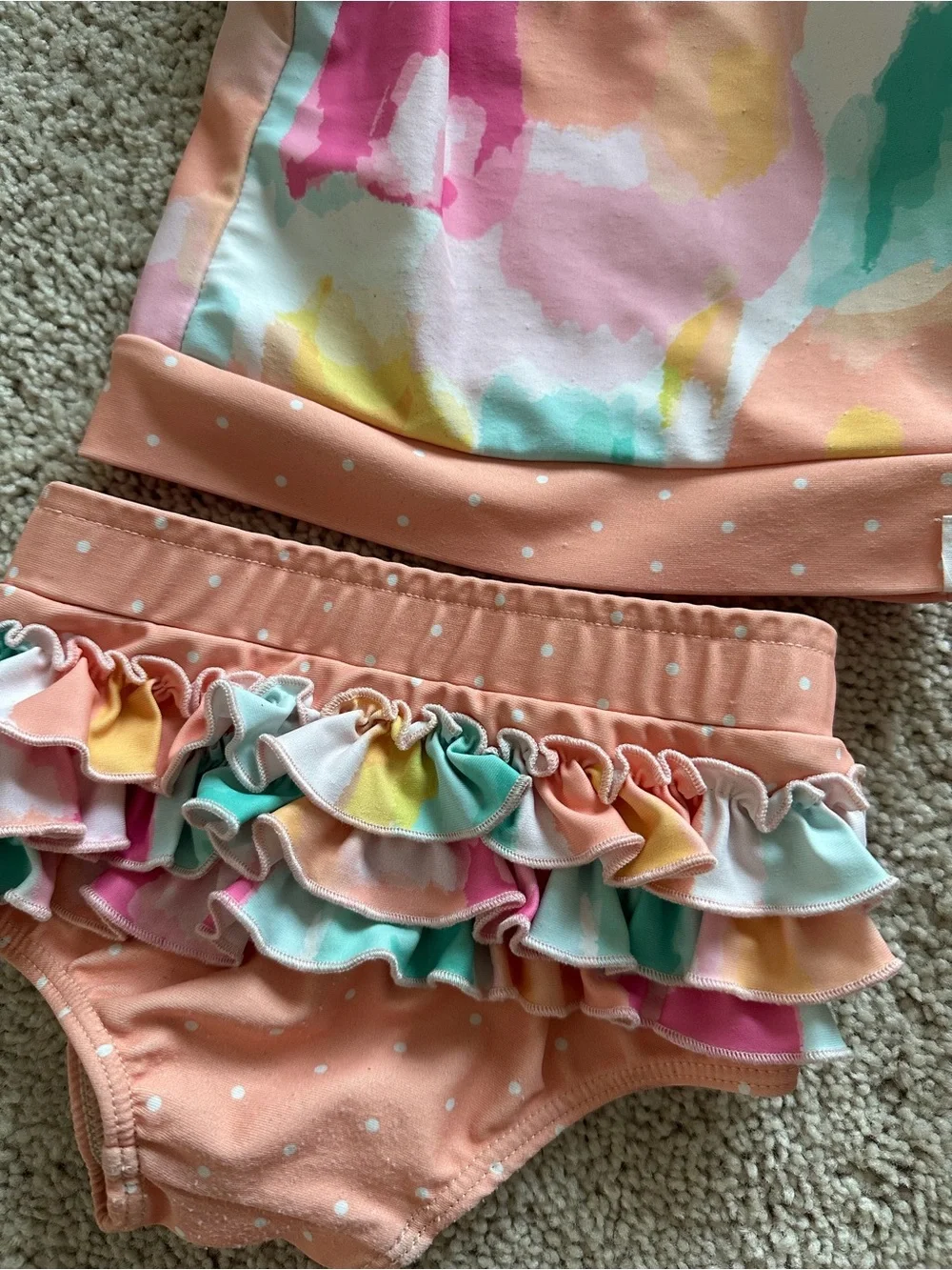 SweetHoney Peach Multi-Color Watercolor Ruffle Two-Piece Swim Set